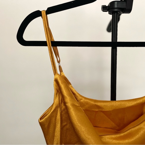 Mustard Midi Spaghetti Strap Bodycon Drawstring Ruched Side Slit Dress| Small - Picture 6 of 11